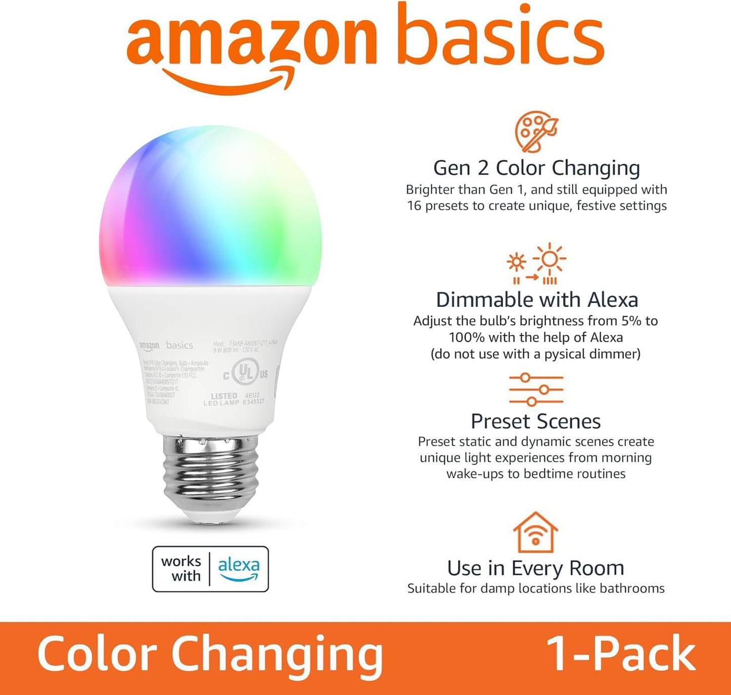 Amazon Basics Bombilla LED inteligente A19, cambio de color, 9 W