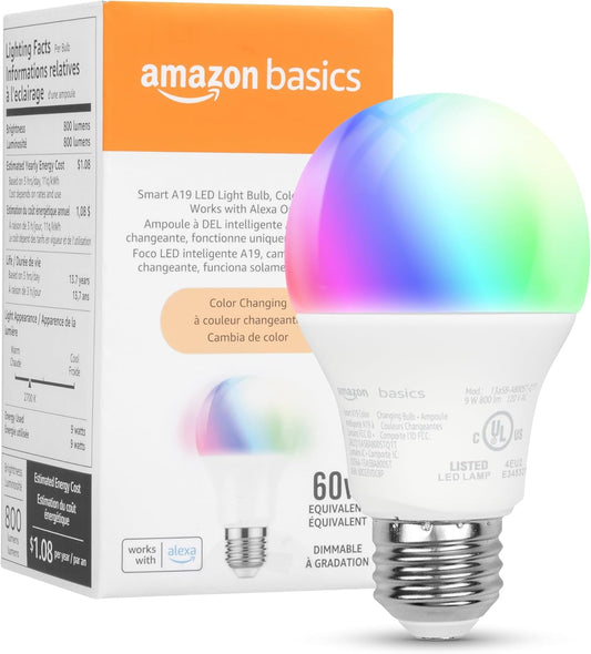 Amazon Basics Bombilla LED inteligente A19, cambio de color, 9 W